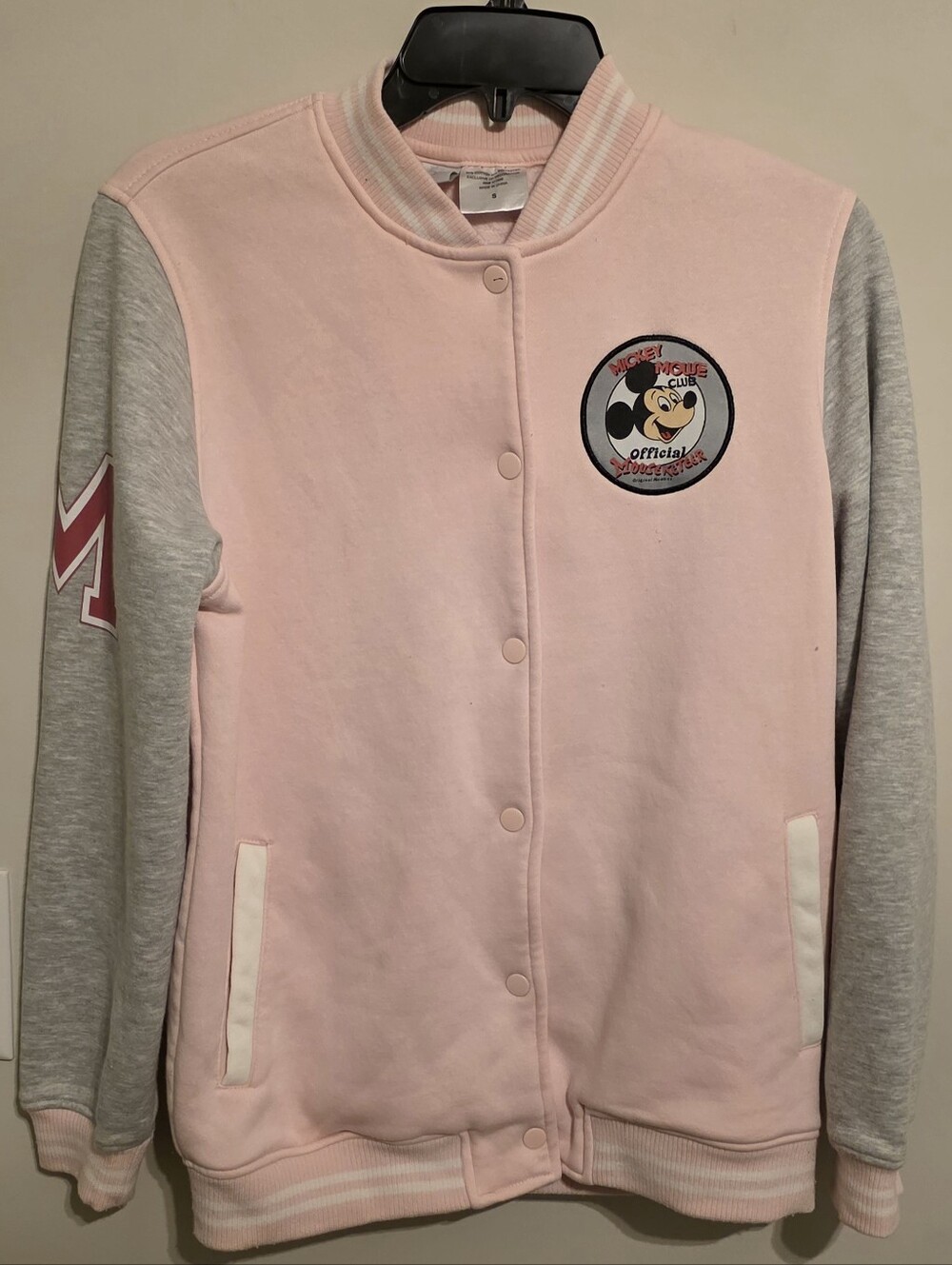 Disney 100 Yr. Anniversary Fleece Mickey Mouse Letterman Jacket Pink/Gray Sz.  S